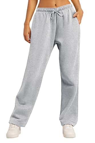 AUTOMET Womens Sweatpants Winter Fleece Lined Baggy Cargo Fall Pants Straight Wide Leg Athletic Joggers with Pockets Grey