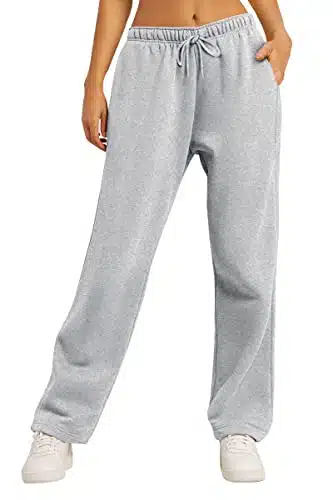 AUTOMET Womens Sweatpants Winter Fleece Lined Baggy Cargo Fall Pants Straight Wide Leg Athletic Joggers with Pockets Grey