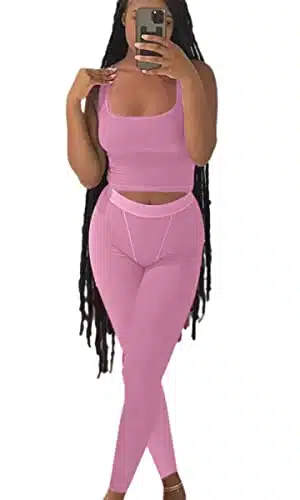 AYWA Casual Workout Sets Two Piece Outfits for Women Ribbed Crop Tank Top High Waist Leggings Active Wear (Pink, Medium)