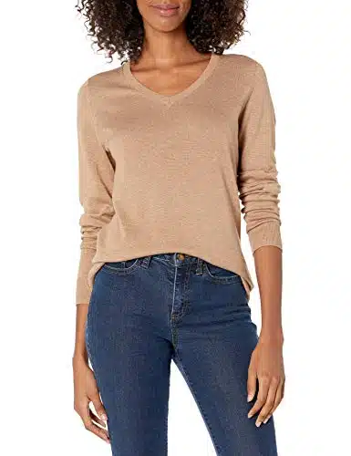 Amazon Essentials Women's Classic Fit Lightweight Long Sleeve V Neck Sweater (Available in Plus Size), Camel Heather, Medium