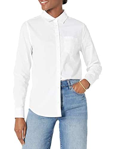 Amazon Essentials Women's Classic Fit Long Sleeve Button Down Poplin Shirt, White, Large
