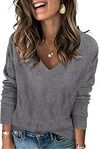 Arach&Cloz Women's Spring Tops Fashion Trendy Pullover Sweater V Neck Long Sleeve Shirt Knit Blouse Clothes Outfits Grey