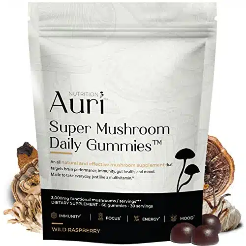 Auri Super Mushroom Gummies   All in One Daily Supplement Gummy   ushroom Blend with Chaga, Lions Mane, Reishi, Cordyceps   Boost Your Immunity, Focus, Energy, Mood   Gummies