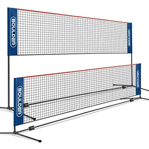 BOULDER Portable Badminton Net Set   for Tennis, Soccer Tennis, Pickleball, Kids Volleyball   Easy Setup Nylon Sports Net with Poles (BlueRed, FT)