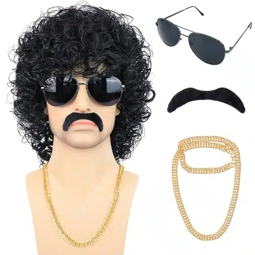 Bettecos s Jerry Curl Wig for Men with Mustache Glasses and Chain Short Black Cruly Mullet Wig for Singer Rocker California Halloween Costume Cosplay Party