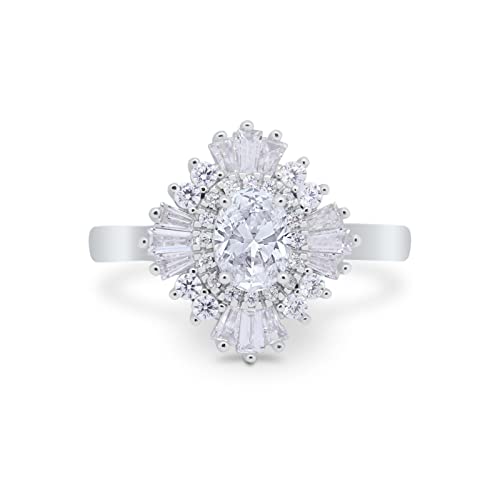 Blue Apple Co. Cubic Zirconia Art Deco Vintage Oval Halo Wedding Engagement Bridal Ring Baguette Round Cubic Zirconia Sterling Silver