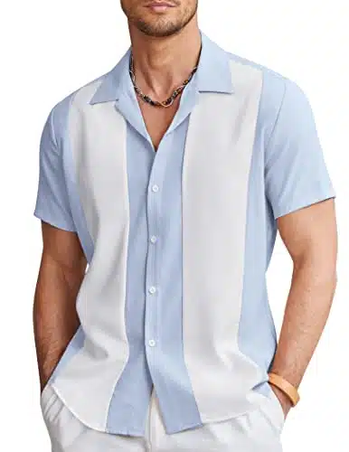 COOFANDY Mens Summer Shirts Vintage Short Sleeve Button Up Shirts Hawaiian Bowling Shirts Light Blue White