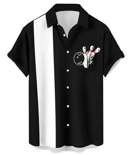 CURBODO Bowling Shirts for Men Retro Short Sleeve Button Down Shirt Hawaiian Casual Printed Beach Shirt White Bowling XL