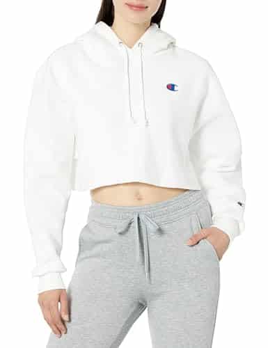 Champion womens Reverse Weave Cropped Cut off Hoodie, Left Chest C Hooded Sweatshirt, White , Small US