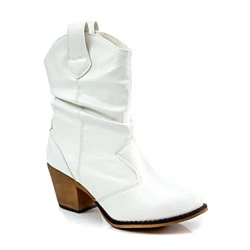 Charles Albert Modern Western Cowboy Boots for Women Ladies Stacked Heel Ankle Cowgirl Boots with Pull Up Tabs in White