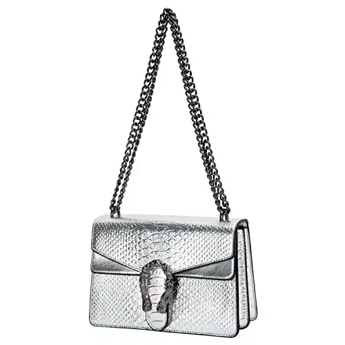DEEPMEOW Crossbody Shoulder Evening Bag for Women   Snake Printed Leather Messenger Bag Chain Strap Clutch Small Square Satchel Purse (A Silver)