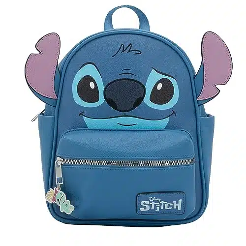 DISNEY Stitch Big Face Mini PU Backpack Purse, Shoulder Bag with Epoxy Filled Metal Scrump Charm, Inch, Adjustable Straps, Faux Leather