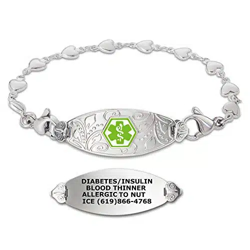Divoti Custom Engraved Medical Alert Bracelets for Women, Stainless Steel Medical Bracelet, Medical ID Bracelet wFree Engraving  Lovely Filigree Tag wHeart Link Light Green