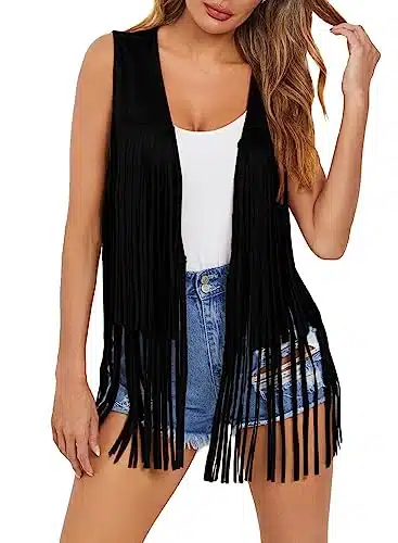 Dokotoo Womens s Hippie Fall Concert Outfits Western Cowgirl Cute Fringe Vest Leather Tassel Night Out Club th Birthday Party Clothes Black XX Large