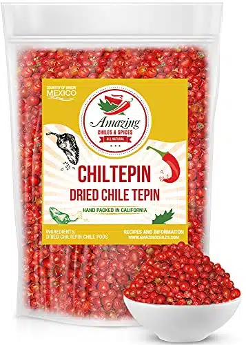 Dried Chiltepin Peppers (Chile Tepin)  oz Bag   Great For Use with Seafood, Sauces, Stews, Salsa, Meats. Very Hot with a Smoky Flavor. Air Tight Resealable Bag. By Amazing Chiles & Spices.
