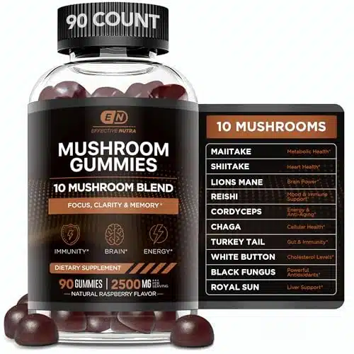 EFFECTIVE NUTRA Mushroom Gummies Blend   Mushroom Complex mg   Brain Booster, Immune Support, Energy   Mushroom Supplement for Men & Women (ct)