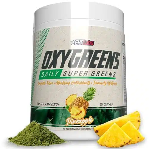 EHP Labs OxyGreens Super Greens Powder   Spirulina & Chlorella Superfood, Green Juice Powder & Greens Supplements with Prebiotic Fibre, Antioxidants & Immunity Support, Serves (Pineapple)