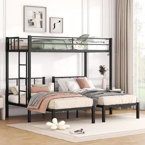 EMKK Metal Twin Triple Bunk Bed for Kids,Twin Over Twin Over Twin Bunk Beds with Built in Shelf, Separates Into Twin Beds,Black Triple Bunk Bed Twin Over Twin,Bedframe Metal Bunkbed