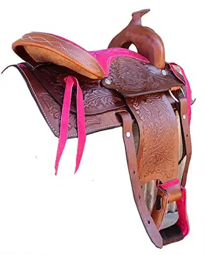 Equestrian Barrel DD Leather Horse Rope Ranch Racing Trail Western Saddle Fully Hand Tooled Pink Color Suede Seat by PROHUB (Inches)