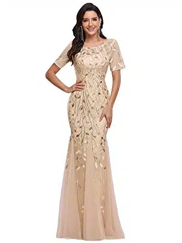 Ever Pretty Women's Maxi Sequin Prom Gown Bodycon Bridesmaid Dresses with Sleeves Gold