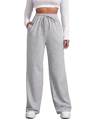 FACDIBY Wide Leg Sweatpants for Women Elastic High Waisted Drawstring Loose Pants with Pockets, Light Grey, M