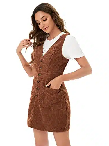 Floerns Women's V Neck Sleeveless Corduroy Button Pinafore Overall Mini Dress Brown L