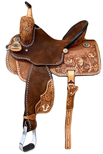 Handmade Western Saddle Barrel Leather Horse Rope Ranch Racing Trail Fully Handed Tooled Suede Seat by PROHUB ('')