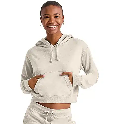 Hanes Women's Originals Pullover Cropped Hoodie, French Terry Hooded Sweatshirt, Natural, Medium