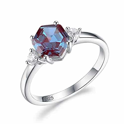 ITI KUOLOLIT Lab Alexandrite Gemstone Genuine Sterling Silver Ring for Women Hexagon Cut Women's Ring for Engagement Bride Romantic Birthday (White Rhodium Plated, )