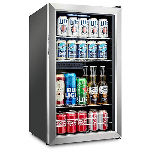 Ivation Can Beverage Refrigerator  Freestanding Ultra Cool Mini Drink Fridge  Beer, Cocktails, Soda, Juice Cooler for Home & Office  Reversible Glass Door & Adjustable Shelving, Stainless Steel