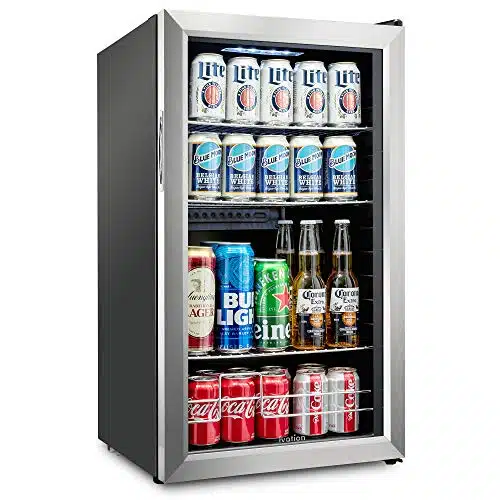 Ivation Can Beverage Refrigerator  Freestanding Ultra Cool Mini Drink Fridge  Beer, Cocktails, Soda, Juice Cooler for Home & Office  Reversible Glass Door & Adjustable Shelving, Stainless Steel