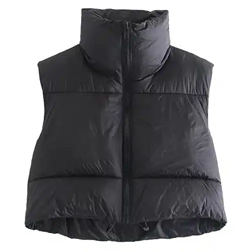 KEOMUD Women's Winter Crop Vest Lightweight Sleeveless Warm Outerwear Puffer Vest Padded Gilet Black Small