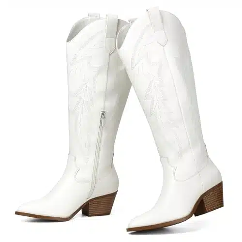 LISYIIZ White Cowboy Boots for Women Knee High Calf Girls Cowboy Boots Comfortable Wide Calf Western Boots Leather Cowboy Boots for Women Ladies Pointed Toe Side Zipper Chunky