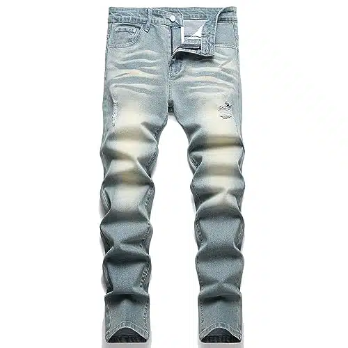 LZLER Slim Stretch Jeans for Men Regular Distressed Zipper Pantalones Rock Revival para Hombre Grey Blue Tapered Straight Leg Style
