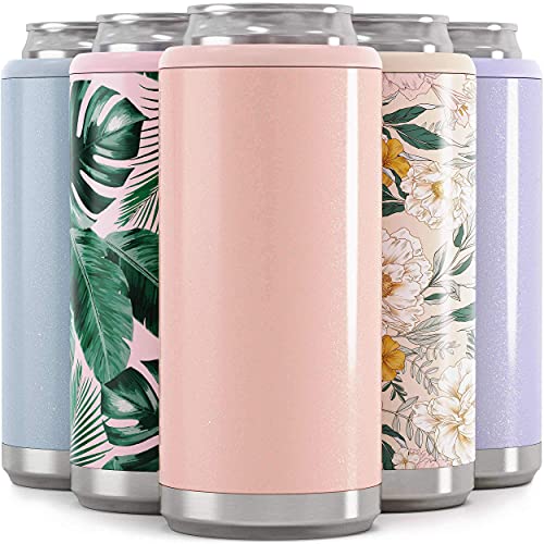 Maars Skinny Can Cooler for Slim Beer & Hard Seltzer  Stainless Steel oz, Double Wall Vacuum Insulated Drink Holder   Glitter Blush