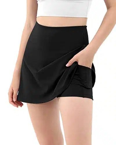 ODODOS Women's High Waisted Tennis Skirts with Pockets Built in Shorts Golf Skorts for Athletic Sports Running Gym Training, Black, Small