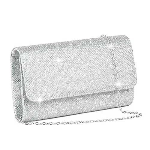OSDUE Glitter Evening Bag Clutch Purses for Women, , Sparkling Envelope Evening Bag with Detachable Chain, for Prom, Wedding, Party, Banquet, Date (Silver)