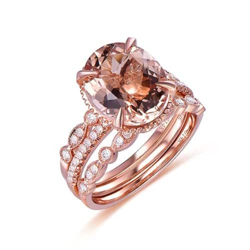 Oval Morganite Engagement Ring Trio Bridal Set Milgrain Under Gallery K Rose Gold Art Deco xmm