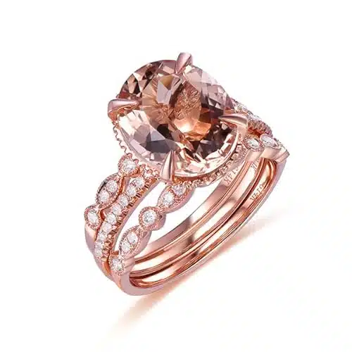 Oval Morganite Engagement Ring Trio Bridal Set Milgrain Under Gallery K Rose Gold Art Deco xmm