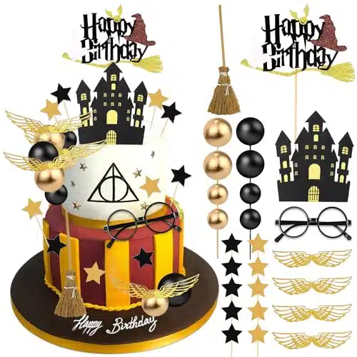 PCS Magical Wizard Birthday Cake Toppers, Wizard Party Favors Supplies Glitter Black Wizard Themed Cake Decoration Gifts for Kids Baby Shower