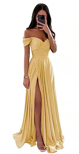 PEIYJYUSP Gold A Line Bridesmaid Dresses for Women Ruched Satin Wedding Guset Dress for Juniors
