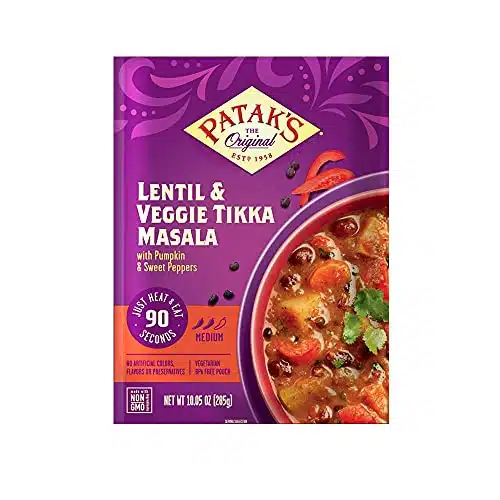 Patak's Lentil & Veggie Tikka Masala, Flavorful, Medium heat curry made with lentils, beans, pumpkin, red pepper, and a balanced melody of other veggies, Ready to Heat Vegetarian Meals (Pack of )