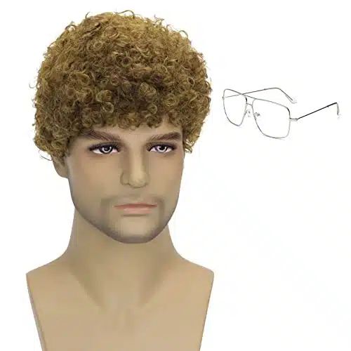 QACCF Mens Jerry Curl Mullet Short Curly Pelucas Realistic Afro Halloween Costume and Daily Use Synthetic Wig + Glasses (Bronze)