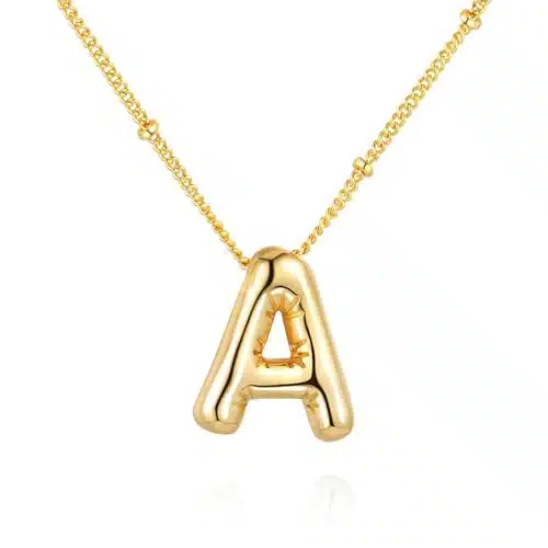 Qyalie Bubble Letter Necklace Balloon Initial Necklaces for Women Girls Dainty Alphabet Pendant K Gold Plated Puffy Name Personalized Jewelry Gift (A)