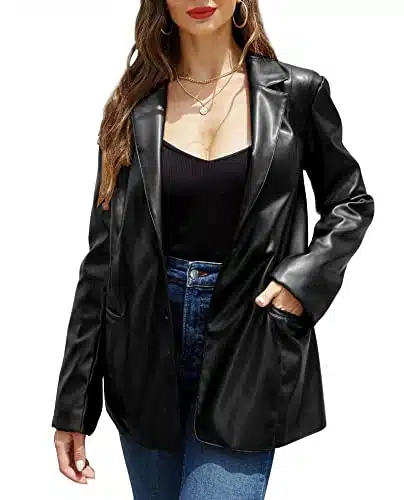 RISISSIDA Women Faux Leather Blazer Jacket Vegan Pleather Coat Black X L