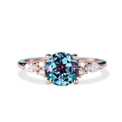 RareCollection ct Round Sterling Silver Engagement Ring Color Change Alexandrite Ring Unique Promise Ring Personalized Birthday Anniversary Gift for Women June Birthstone Ring, with Gif
