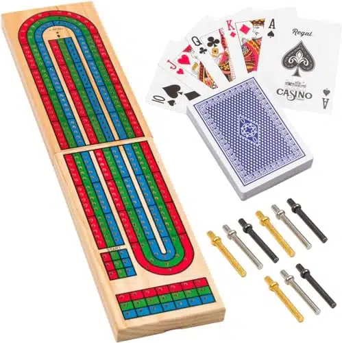Regal Games   Traditional Wooden Cribbage Board Set     Includesetal Pegs, ood Game Board, Deck of Cards  Classic Tabletop Game Fun for Family Game Night   for Players   Ages 