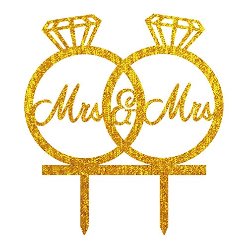 SCHOLMART Lesbain Mrs & Mrs Wedding Cake Topper Gold Acrylic Golden Rings Bride and Shadow Wedding Party Engagement Decoration Love