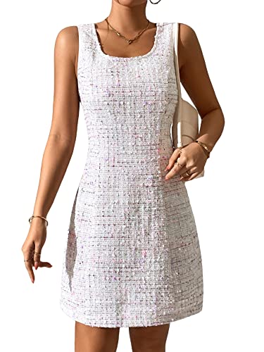 SOLY HUX Women's Elegant Tweed Dress Fall Winter Sleeveless Dress A Line Shift Dresses for Wedding Guest Party Dress Solid White S