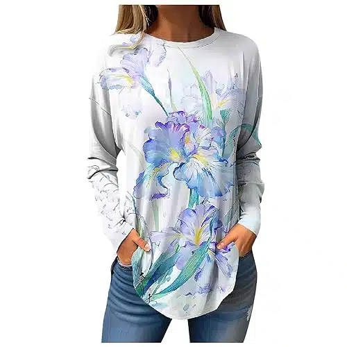 Sexy Tops for Women Printed Mature Womens Tops and Blouses Long Sleeve Round Neck Fall Shirts for Women Winter Floral Print Tunics Or Tops Cute Sweatshirt Light Purple XL